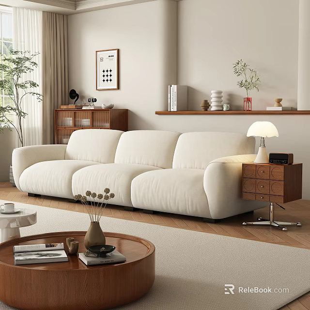 White Modern Three Seater Sofa In Living Room With Side Table Coffee Table And Lamp 3d model 