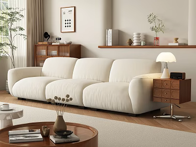 White Modern Three Seater Sofa In Living Room With Side Table Coffee Table And Lamp 3d model