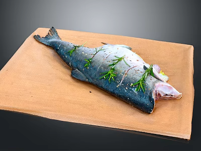 Fresh Raw Salmon Fish on Wooden Board with Rosemary and Salt 3d model