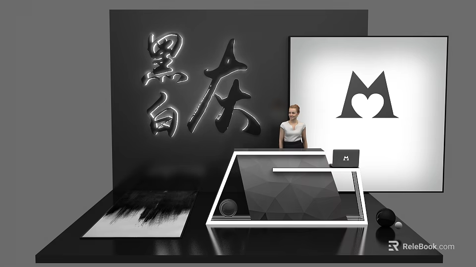 Modern Black White Gray Reception Desk With Woman Behind Large Screen And Illuminated Chinese Characters 3d model 