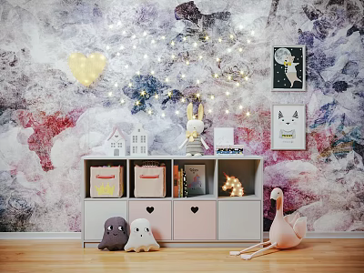 Storage Cabinet Shelf With Twinkling String Lights Heart Decoration Small House Models And Stuffed Toys 3d model