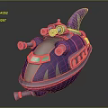 Cartoon Style Purple Shark Like Vehicle With Binoculars Cannons And Glowing Green Windows