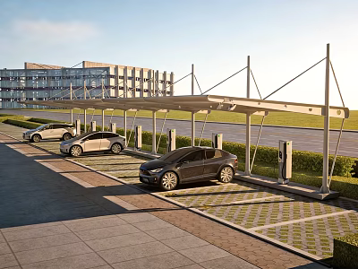 Modern Parking Lot With Solar Canopy Electric Vehicle Charging Stations Paved Surface And Cars 3d model