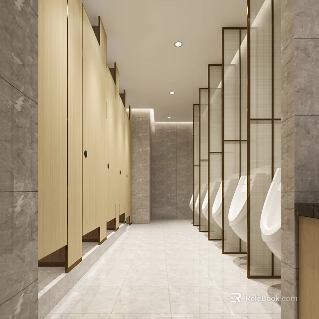 Modern Public Restroom Interior With Stall Partitions Urinals Stone Walls And Tile Flooring 3d model 