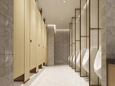 Modern Public Restroom Interior With Stall Partitions Urinals Stone Walls And Tile Flooring 3d model
