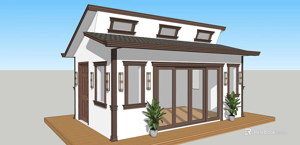 Single Family House with White Exterior Brown Roof Large Glass Sliding Doors and Front Plants 3d model 