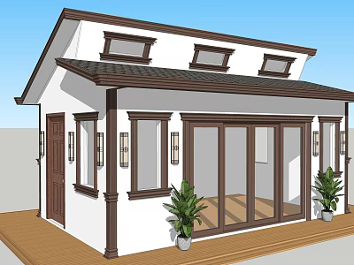 Single Family House with White Exterior Brown Roof Large Glass Sliding Doors and Front Plants 3d model
