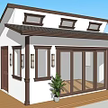 Single Family House with White Exterior Brown Roof Large Glass Sliding Doors and Front Plants