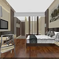 Elegant Hotel Guest Room With Wooden Floor TV Bed Table Chair Chandelier And Painting