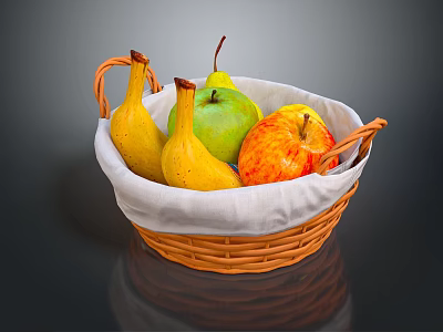 Wicker Fruit Basket With White Cloth Lining Holding Fresh Bananas Apples And Pears 3d model