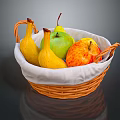Wicker Fruit Basket With White Cloth Lining Holding Fresh Bananas Apples And Pears