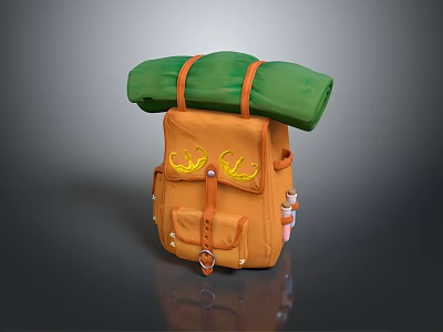 Orange Backpack With Green Rolled Item Yellow Embroidery And Small Pockets 3d model