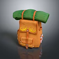 Orange Backpack With Green Rolled Item Yellow Embroidery And Small Pockets