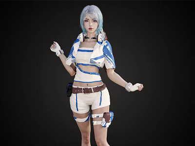 Woman With Blue Gray Hair Wearing Blue And White Short Sleeved Top Shorts White Gloves 3d model