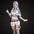 Woman With Blue Gray Hair Wearing Blue And White Short Sleeved Top Shorts White Gloves