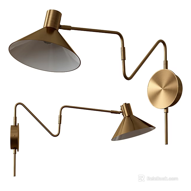 Modern Brass Wall Light With Adjustable Arm Conical Shade And Circular Base 3d model