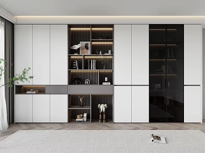 Modern Bookcase With White Black Panels Open Shelves Books And Decorative Items 3d model