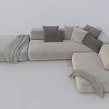 Modern Sectional Sofa Beige Linen Upholstered With Gray Throw Pillows And Blankets 3d model