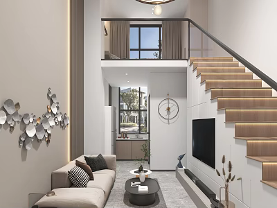 Modern Apartment Living Room With Staircase Sofa TV And Decorative Wall Art 3d model