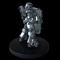 Silver Mechanical Game and Movie Robot Character With Shield Standing on Black Base