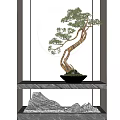Bonsai Tree with Curved Trunk in Black Pot on Marble Shelf and Round Illuminated Background
