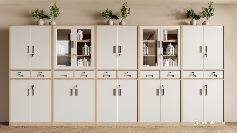 White Storage Cabinets with Glass Doors Books Inside Green Plants on Top Light Wood White 3d model 