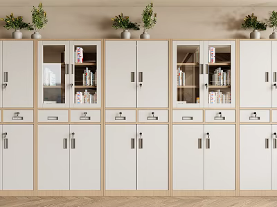 White Storage Cabinets with Glass Doors Books Inside Green Plants on Top Light Wood White 3d model