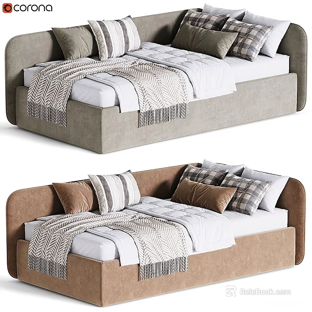 Modern Sofa Bed With Grey And Brown Upholstery Pillows And Cozy Blanket 3d model 