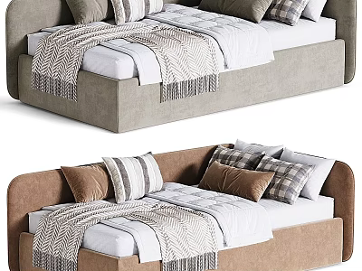 Modern Sofa Bed With Grey And Brown Upholstery Pillows And Cozy Blanket 3d model