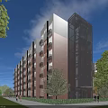 Red Brick School Building Featuring Modern Glass Elevator Shaft Greenery And People Walking