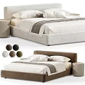 Modern Double Bed In Various Colors With Upholstered Headboard Striped Bedspread And Round Nightstand
