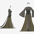 Vintage Green And Gray Long Dress With Bell Sleeves And Ruffle Trim Details