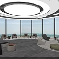 Spacious Modern Lounge Area With Panoramic Floor To Ceiling Windows And Comfortable Cozy Seating