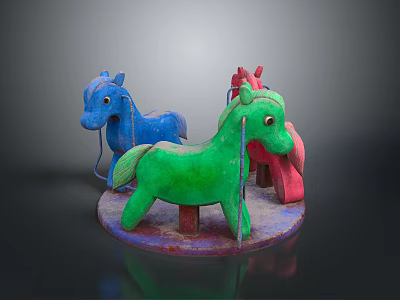 Children Playing With Colorful Wooden Carousel Horses On Round Base 3d model