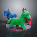 Children Playing With Colorful Wooden Carousel Horses On Round Base