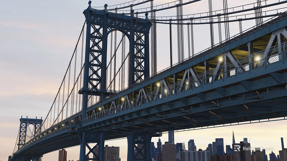 Blue Steel Suspension Bridge With Illuminated Lights Against City Skyline At Twilight 3d model 
