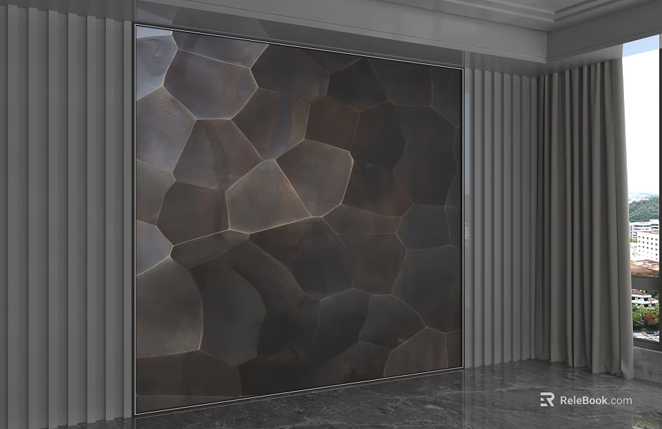 Elegant Modern Luxury Wall with Geometric Patterned Bronze Metal Panels Gray Vertical Paneling and Curtains 3d model 