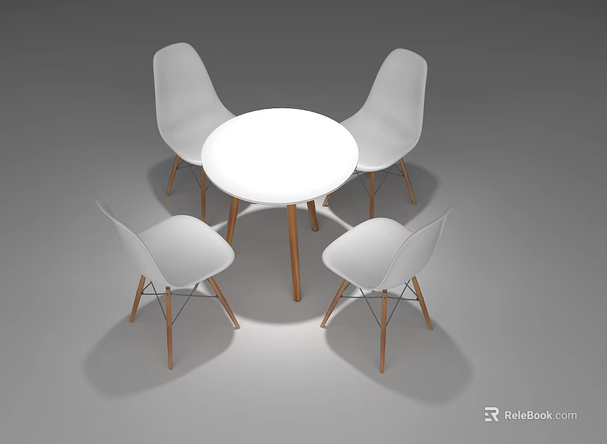 Modern Style White Round Table With Four White Chairs And Wooden Legs 3d model 