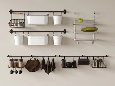 Wall Mounted Kitchen Storage Racks With Various Utensils Containers And Shelves 3d model