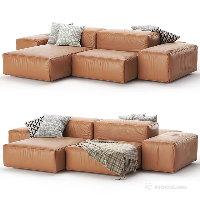 Brown Leather Modular Sectional Sofa With Decorative Pillows And Plaid Blanket 3d model