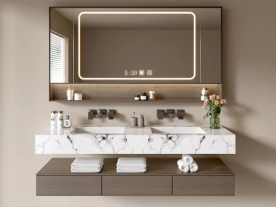 Modern Bathroom Vanity Design With LED Mirror Double Sinks Marble Countertop Flower Vase And Towels 3d model