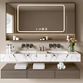 Modern Bathroom Vanity Design With LED Mirror Double Sinks Marble Countertop Flower Vase And Towels