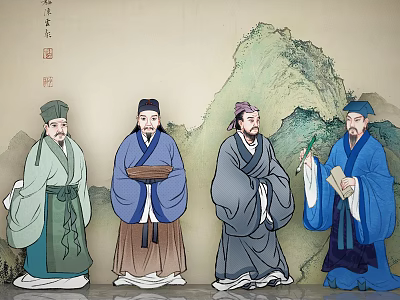 Chinese Ancient Figure Painting With Traditional Attire And Mountain Landscape 3d model