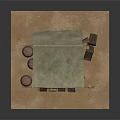 Outdoor Market Stall With Canopy Roof Wooden Barrels Crates Colored Goods And Lamp Post