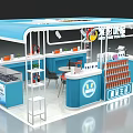 Smart Rice Ball Mall Kiosk with Blue Canopy White and Blue Cabinets and Display Shelves