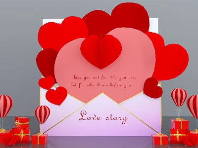 Romantic Love Story Greeting Card With Red Hearts Gifts And Balloons Decoration 3d model