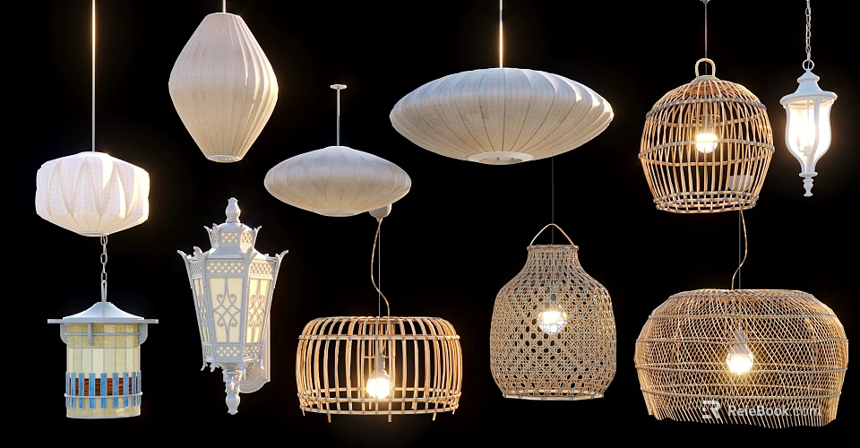 Various Stylish Pendant Lights with Wicker Lantern and Unique Handmade Designs 3d model 