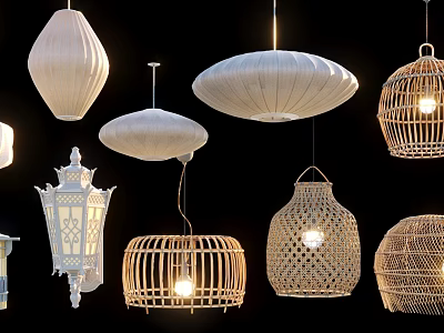 Various Stylish Pendant Lights with Wicker Lantern and Unique Handmade Designs 3d model