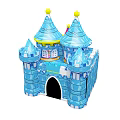 Colorful Cartoon Inflatable Castle With Blue Towers And Yellow Spires For Kids Play