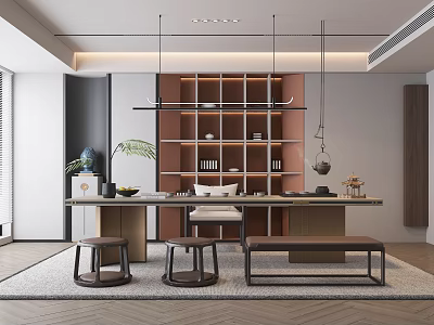 Modern Chinese Tea Room Interior Design With Wooden Tea Table Stools Shelves And Potted Plant 3d model